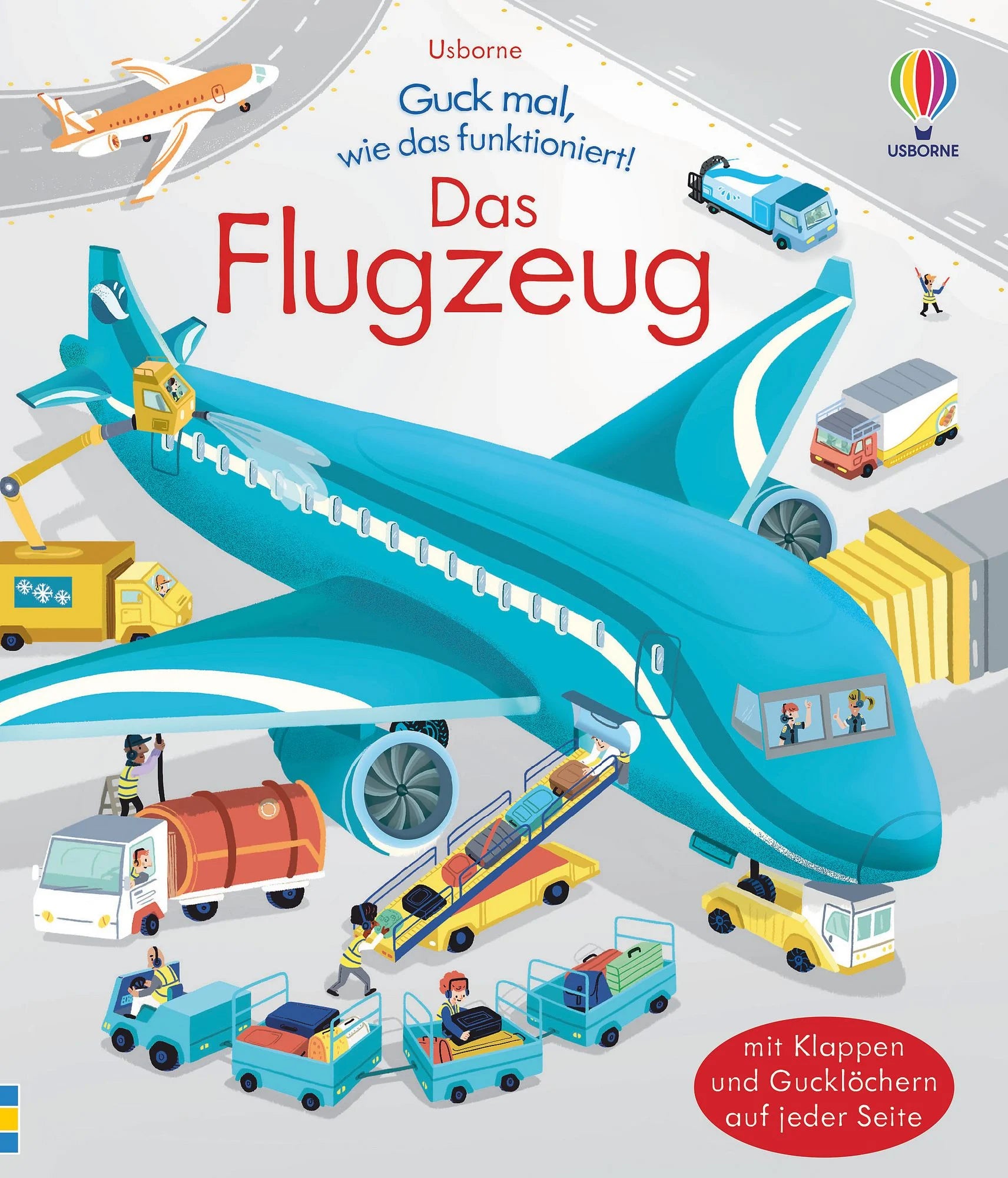 Cover des Klappenbuchs Guck mal, wie das funktioniert, Das Flugzeug vom Usborne Verlag mit Flugzeug und Flughafenfahrzeugen