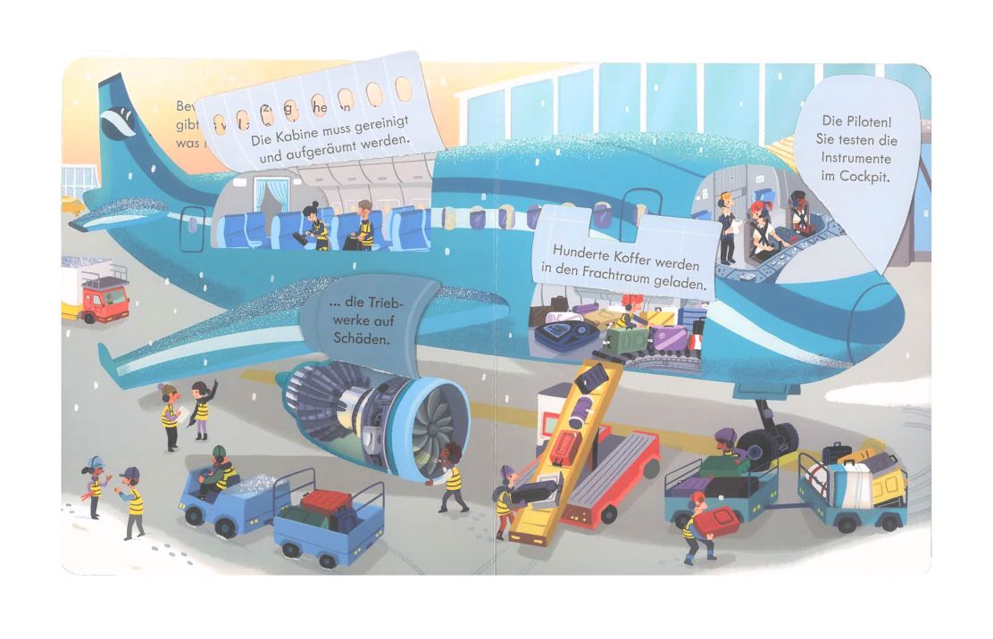 Illustrierte Flughafenszene mit Gepäckwagen und Bodenpersonal aus dem Klappenbuch Das Flugzeug