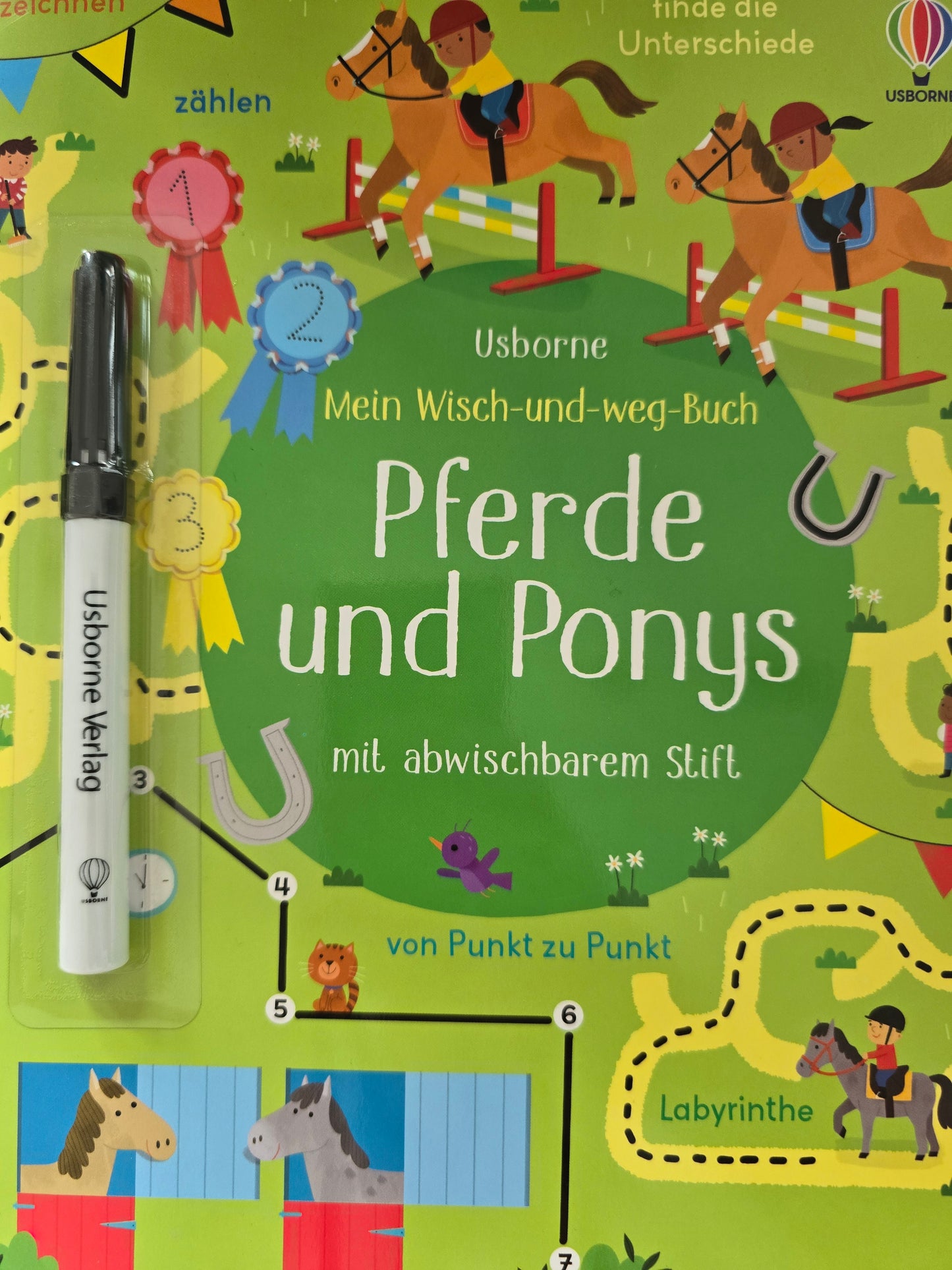 Usborne Mein Wisch-und-weg-Buch Pferde und Ponys mit abwischbarem Stift für Kinder, erhältlich im Bärechind Winterthur Schweiz.