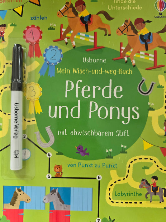 Usborne Mein Wisch-und-weg-Buch Pferde und Ponys mit abwischbarem Stift für Kinder, erhältlich im Bärechind Winterthur Schweiz.