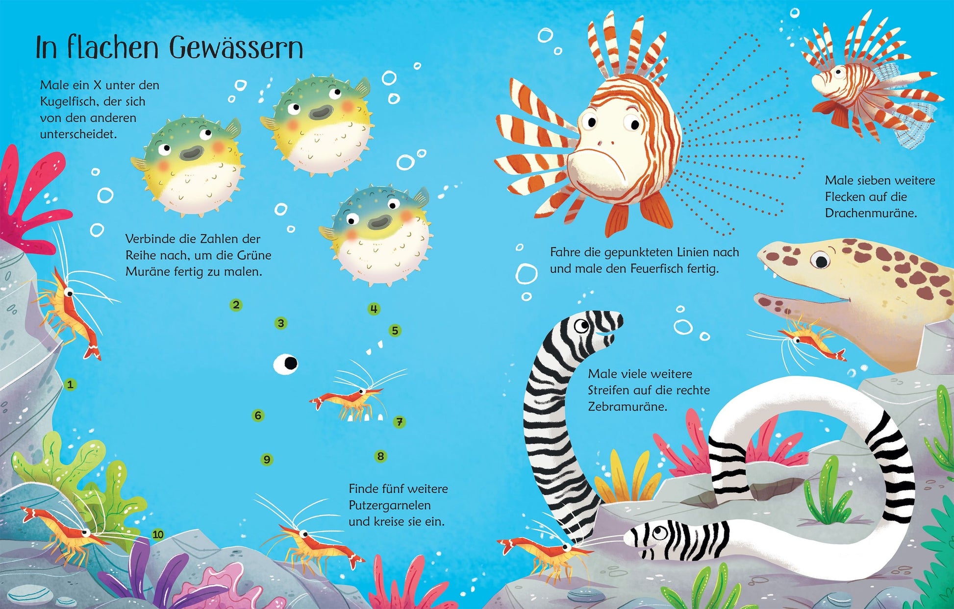 Übungsseite mit Fischen und Quallen zum Malen und Wegwischen