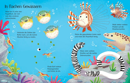 Übungsseite mit Fischen und Quallen zum Malen und Wegwischen