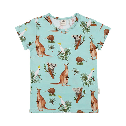 Walkiddy Kinder T-Shirt Rückseite mit australischen Tiermotiven aus Bio Baumwolle – Bärechind Winterthur Zürich Schweiz.