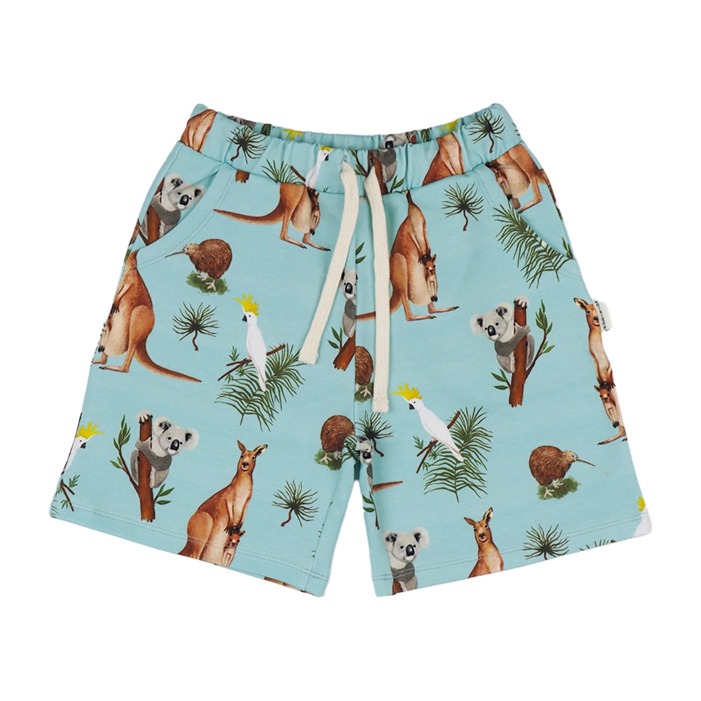 Walkiddy Australian Animals Kinder Shorts Vorderseite mit Taschen und Tiermuster aus Bio-Baumwolle – erhältlich bei Bärechind Winterthur Zürich Schweiz.
