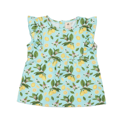 Walkiddy Kinder Bluse Citrus Bloom Vorderseite mit Zitronen und Blüten Muster aus Bio Baumwolle – Bärechind Winterthur Zürich Schweiz.