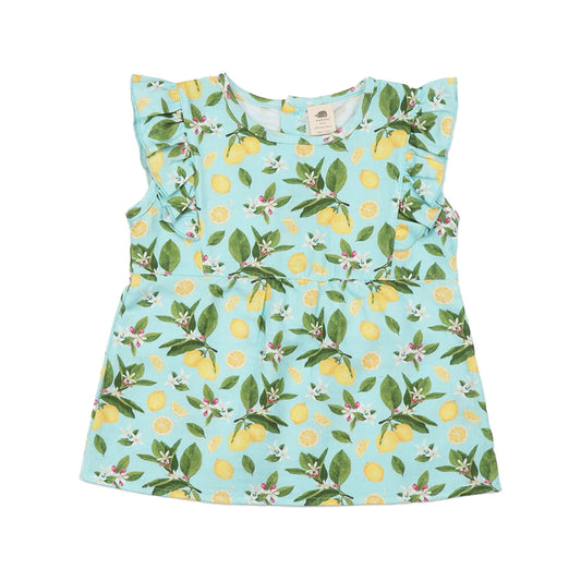 Walkiddy Kinder Bluse Citrus Bloom Vorderseite mit Zitronen und Blüten Muster aus Bio Baumwolle – Bärechind Winterthur Zürich Schweiz.