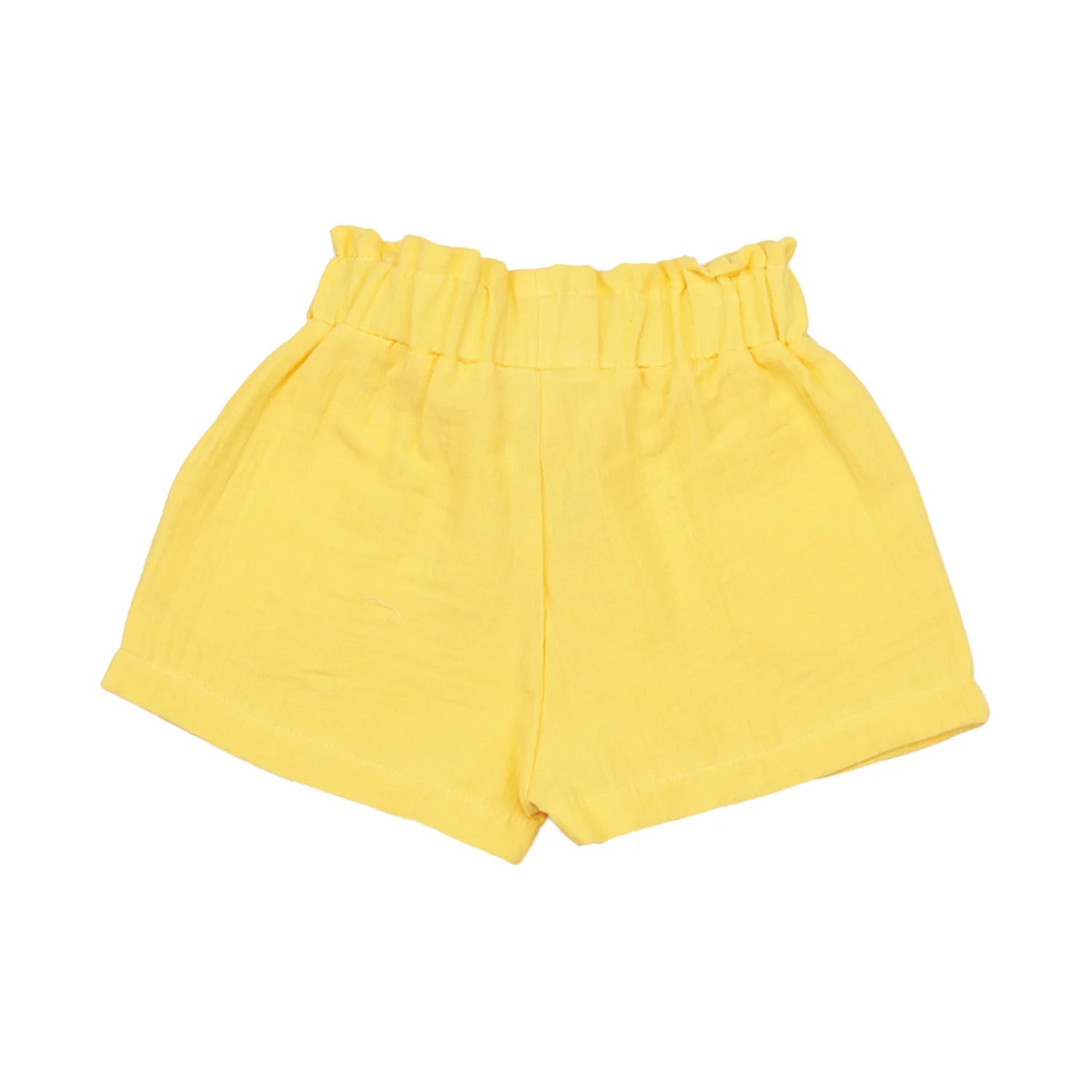 Gelbe Kinder Shorts aus Musselin Bio Baumwolle mit elastischem Bund – erhältlich im Kinderladen Bärechind Winterthur.