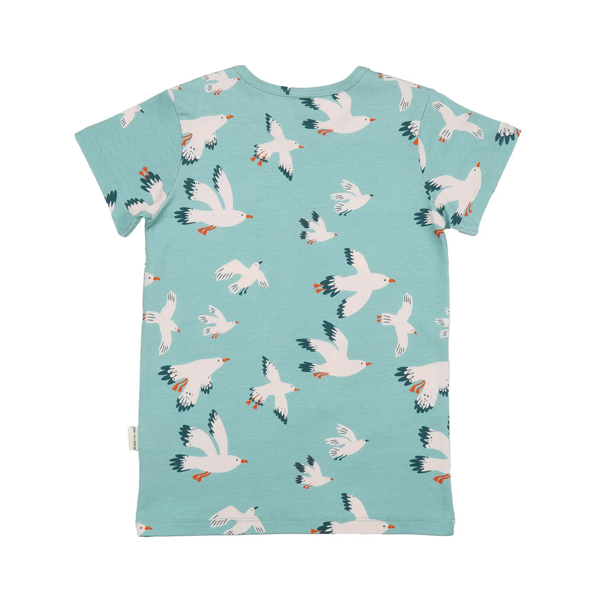 Rückansicht des türkisfarbenen Walkiddy Kinder T-Shirts mit durchgehendem Möwenmuster, Bärechind Schweiz.