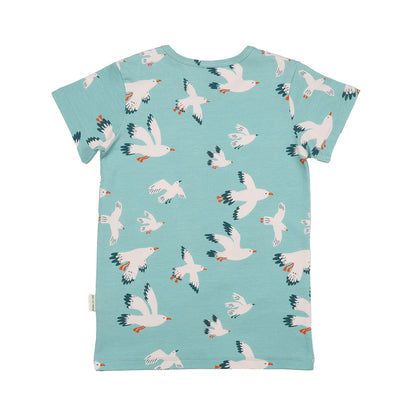 Rückansicht des türkisfarbenen Walkiddy Kinder T-Shirts mit durchgehendem Möwenmuster, Bärechind Schweiz.