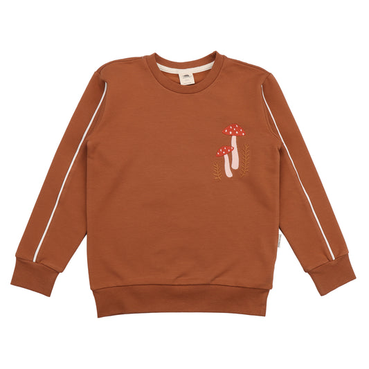 Rostbraunes WALKIDDY Sweatshirt mit Pilzstickerei aus Bio-Baumwolle – erhältlich bei Bärechind in Winterthur, Zürich Schweiz.

