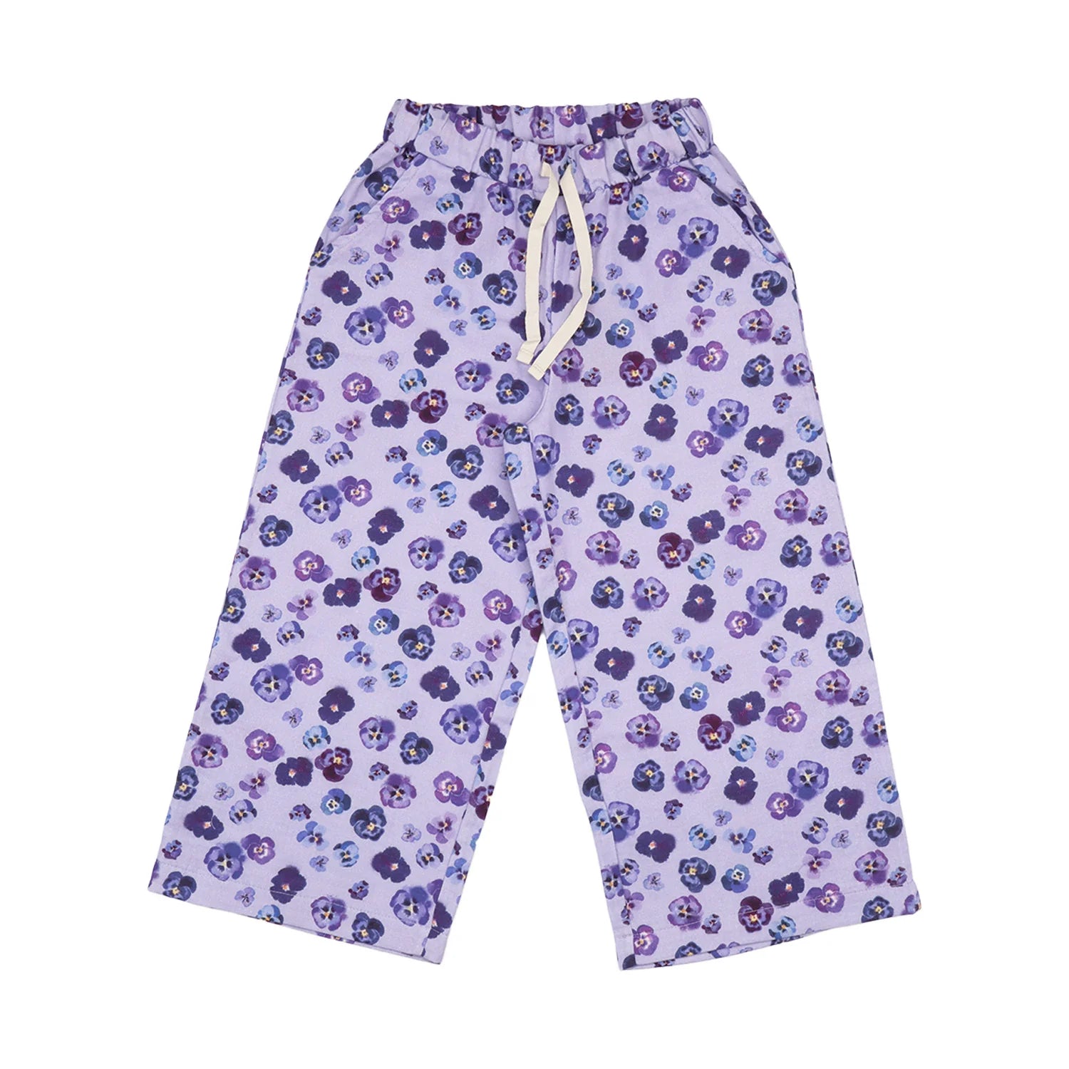 Walkiddy Musselin Kinderhose mit Veilchen Print aus Bio Baumwolle – nachhaltige Kindermode bei Bärechind Winterthur Schweiz