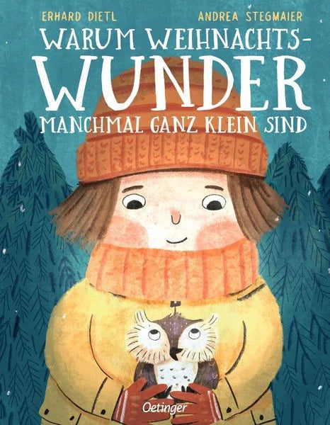 „Buchcover Warum Weihnachtswunder manchmal ganz klein sind – winterliche Illustration mit Kind und Eulen, erhältlich bei Bärechind Winterthur.