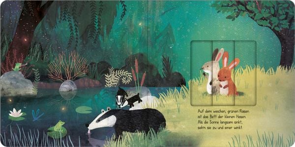 Illustration aus Wenn der Mond am Himmel steht, Waldtiere im nächtlichen Unterholz mit einem Schiebeelement zum Entdecken