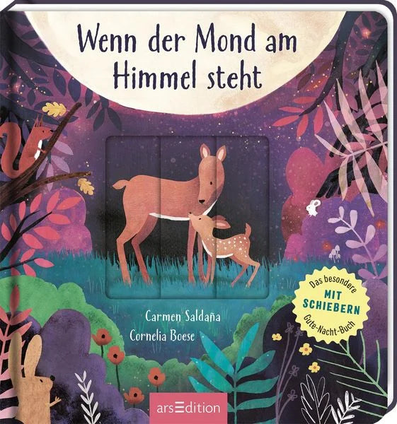 Buchcover Wenn der Mond am Himmel steht von Carmen Saldaña und Cornelia Boese, Reh und Rehkitz stehen unter dem Mond im nächtlichen Wald