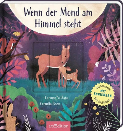 Buchcover Wenn der Mond am Himmel steht von Carmen Saldaña und Cornelia Boese, Reh und Rehkitz stehen unter dem Mond im nächtlichen Wald
