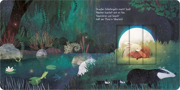Illustration aus Wenn der Mond am Himmel steht, beleuchtete Szene im Wald mit kleinen Tieren und Schieber zum Bewegen