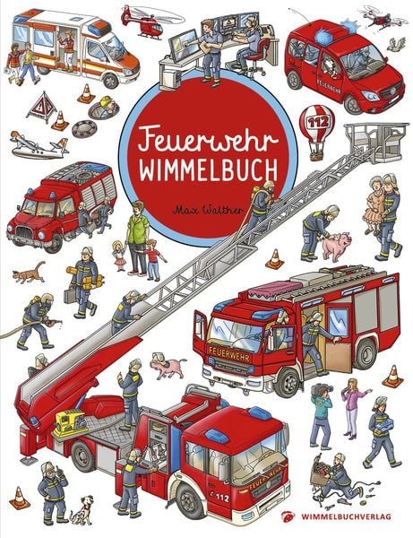 Cover vom Feuerwehr Wimmelbuch mit Feuerwehrautos und Rettungseinsatz in Wimmelstadt