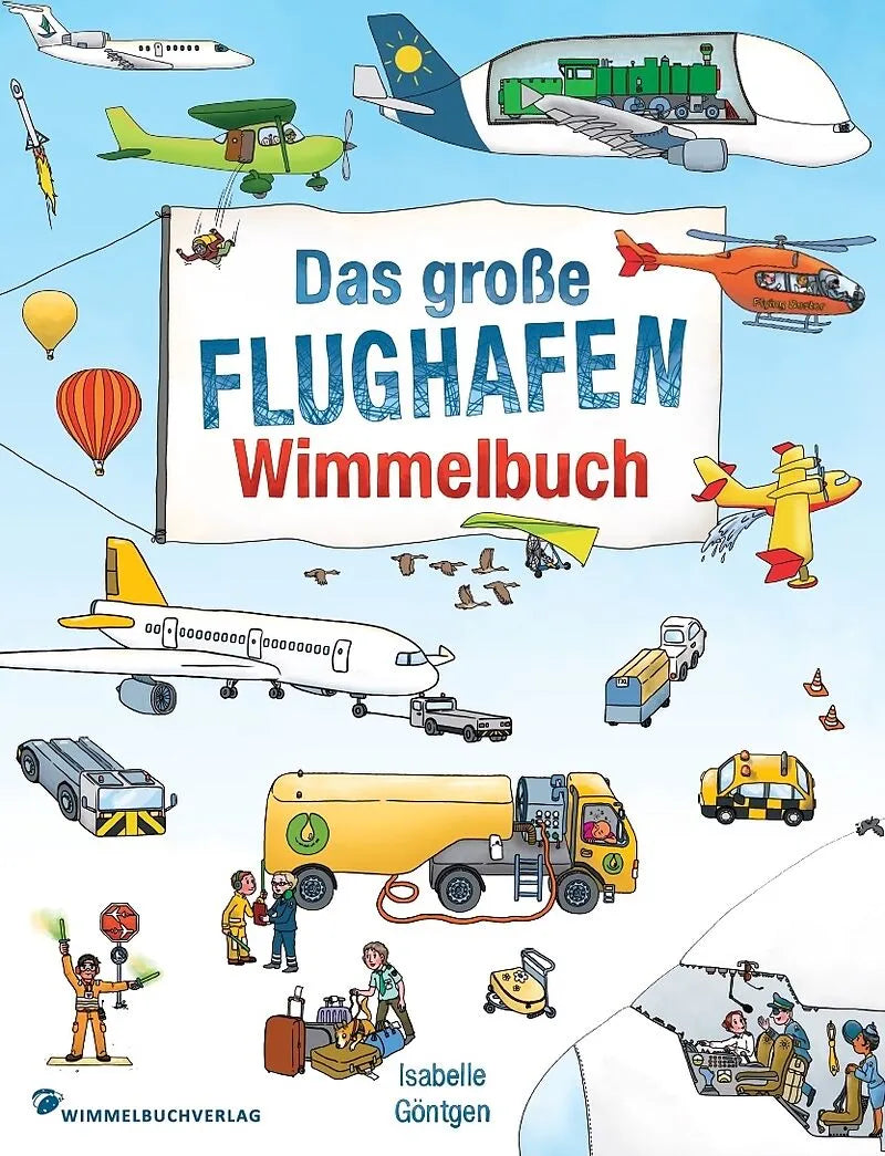 Cover vom Flughafen Wimmelbuch mit Flugzeugen, Check-in und Piloten für Kinder