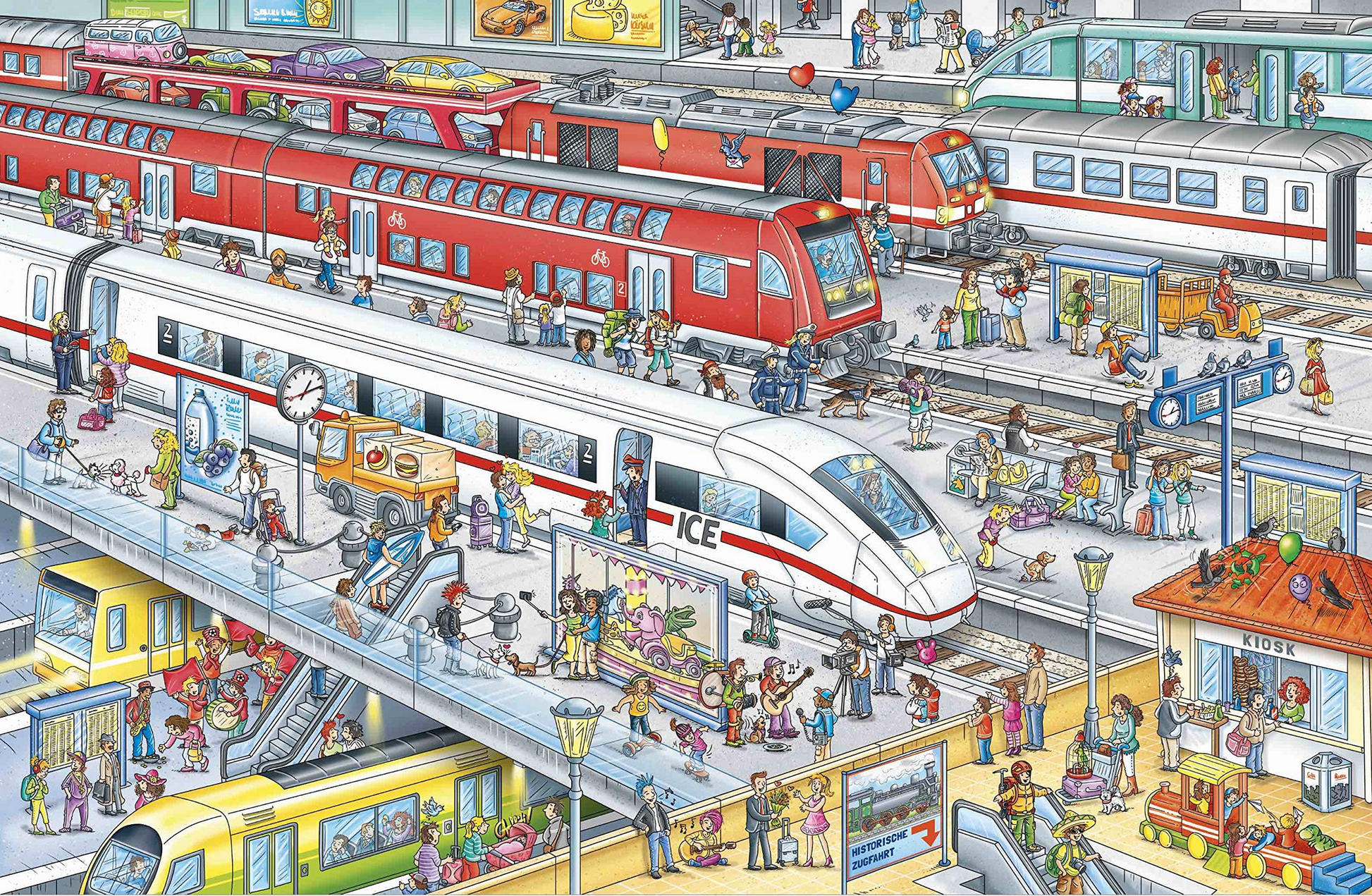 Wimmelseite aus dem Züge Wimmelbuch mit Bahnhof und Eisenbahn Szenen, erhältlich bei Bärechind