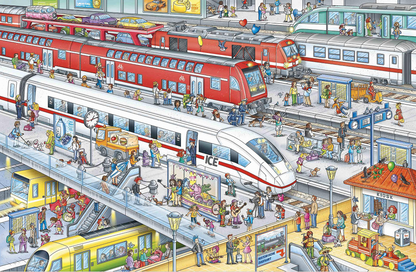 Wimmelseite aus dem Züge Wimmelbuch mit Bahnhof und Eisenbahn Szenen, erhältlich bei Bärechind
