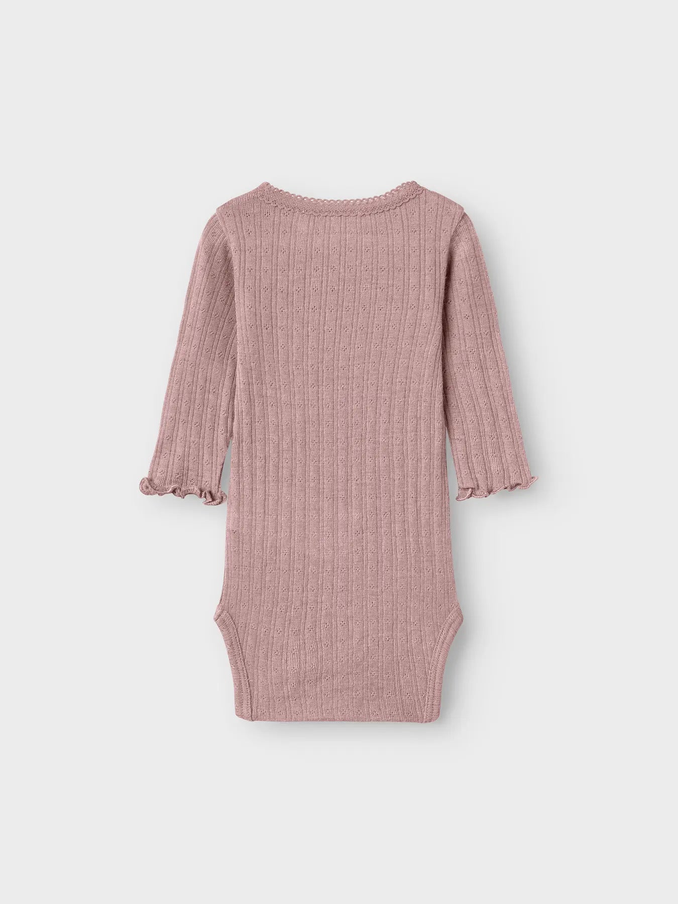 Altrosa Wolle-Seide Langarmbody für Babys mit Spitze, Rückansicht – Bärechind, Winterthur, Zürich Schweiz.