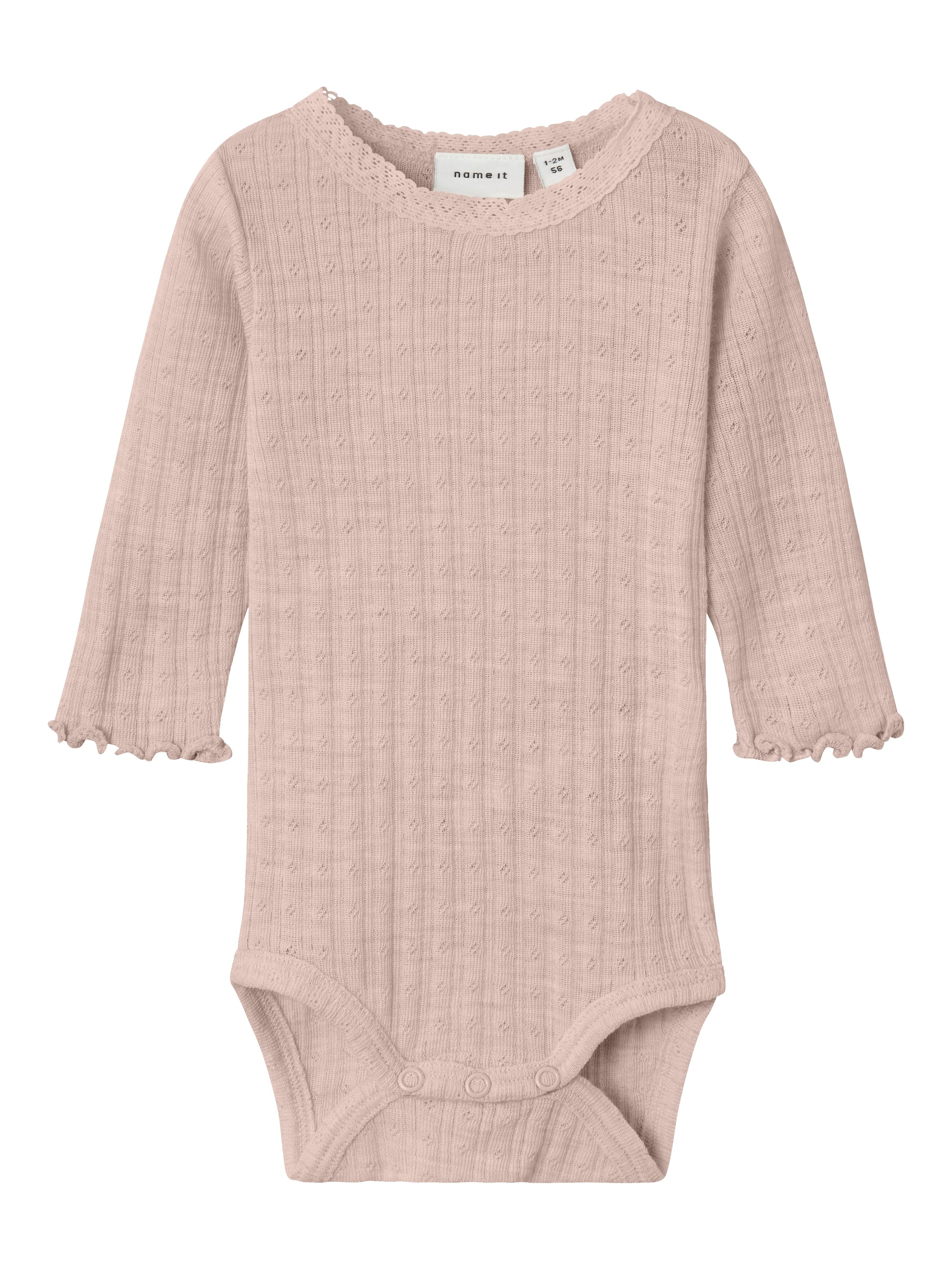 Rosa Wolle-Seide Langarmbody für Babys mit Spitze und Wellenkanten – Bärechind, Winterthur, Zürich Schweiz.