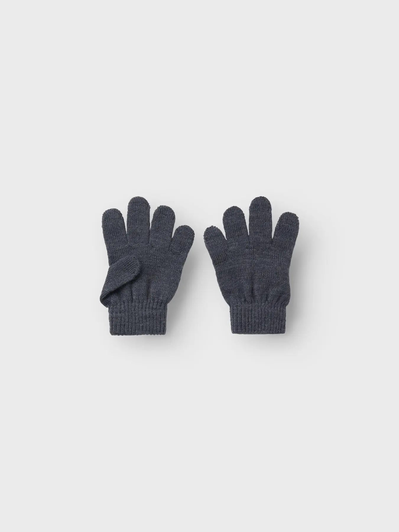 Dunkelblaue Kinder-Wollhandschuhe von Name it, flachliegend nebeneinander.