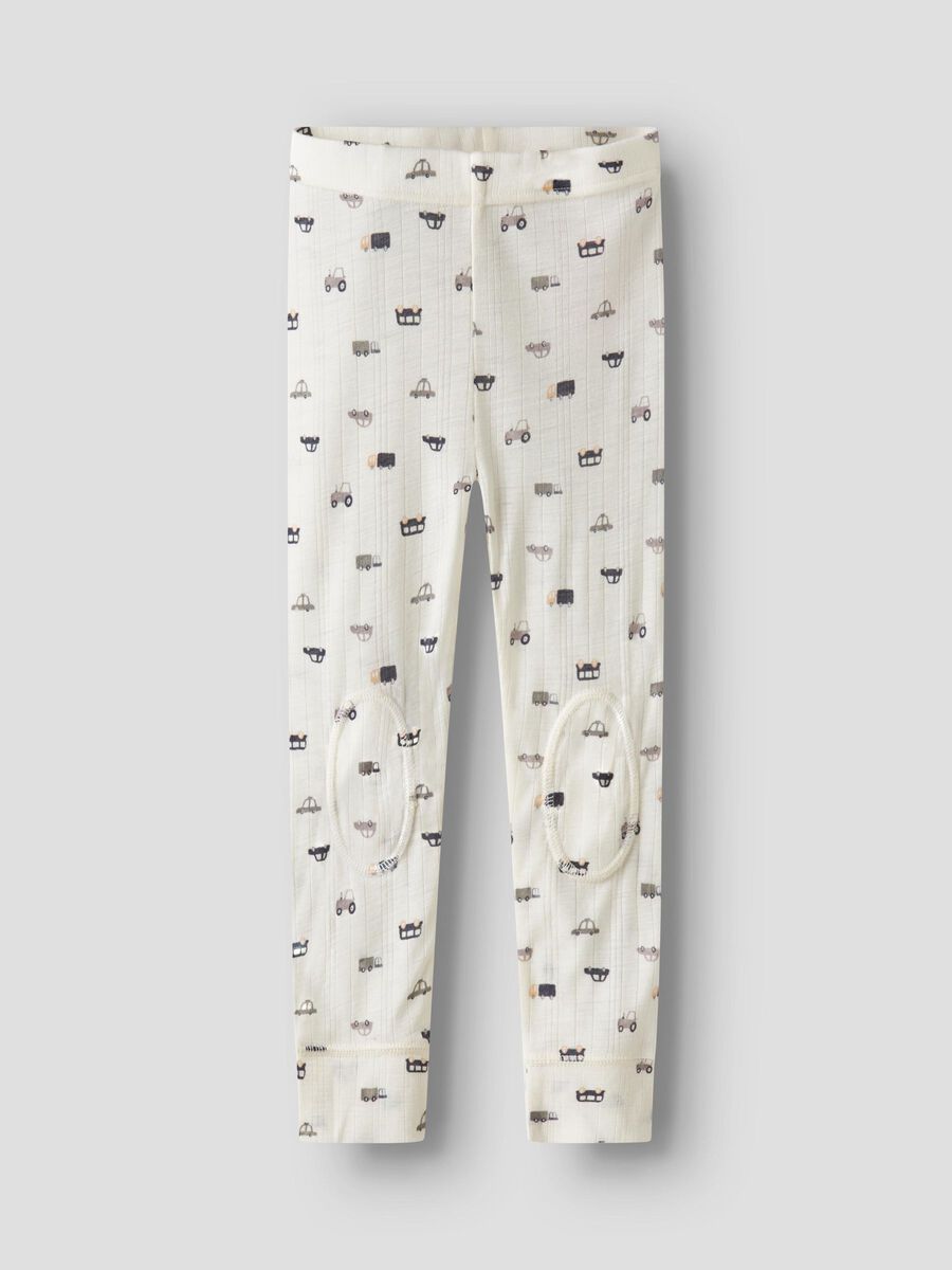 eisse Wollleggings aus Merinowolle mit Auto-Muster, flachliegend fotografiert
