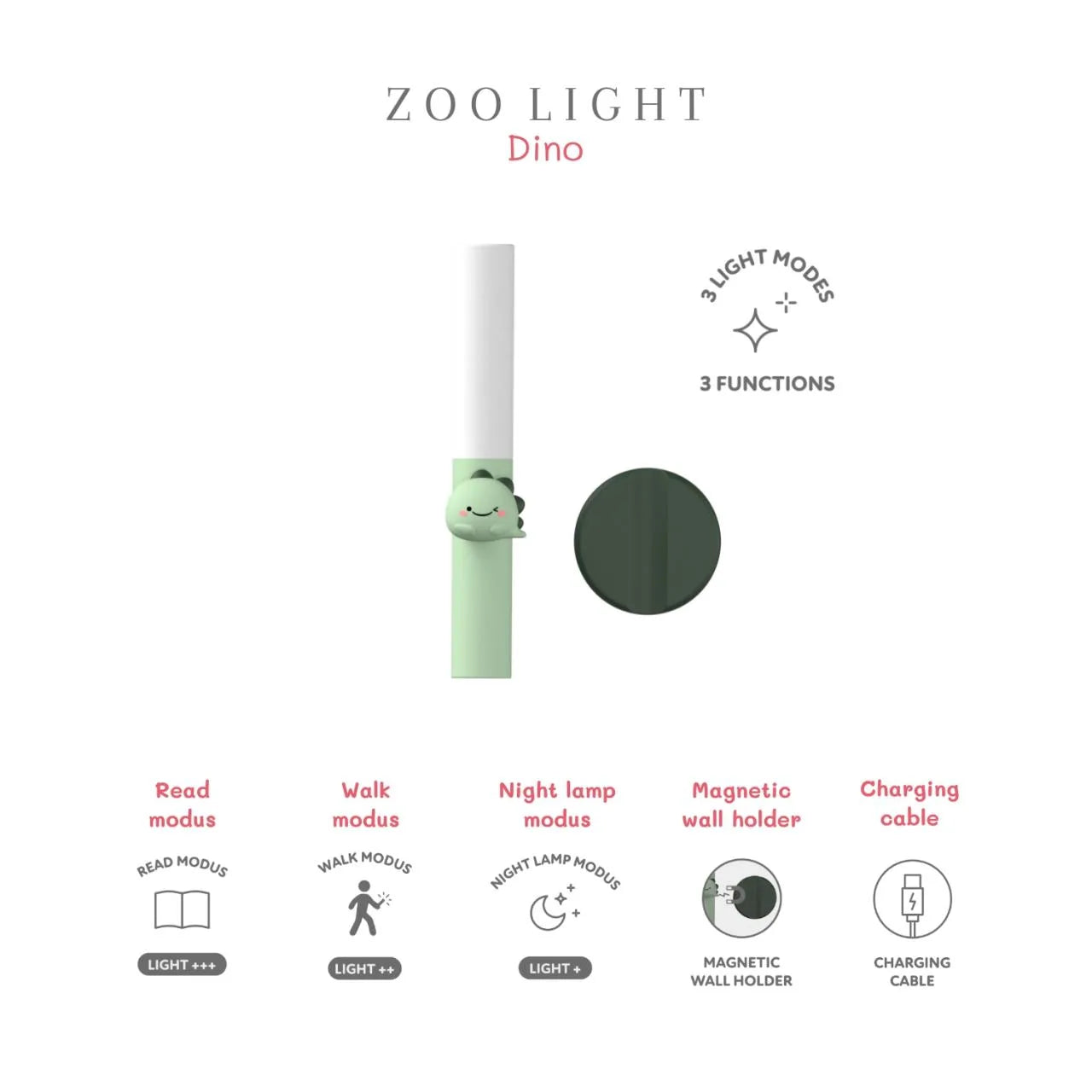 „Zoo Buddy Light – Übersichtsgrafik mit Funktionen, drei Lichtmodi und technischen Details der grünen Kinder-Nachtlampe“