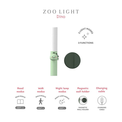 „Zoo Buddy Light – Übersichtsgrafik mit Funktionen, drei Lichtmodi und technischen Details der grünen Kinder-Nachtlampe“
